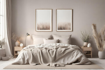 Wall Mural - Mockup frame in light cozy and simple bedroom interior background, 3d render