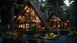 wooden forest house surrounded by trees 