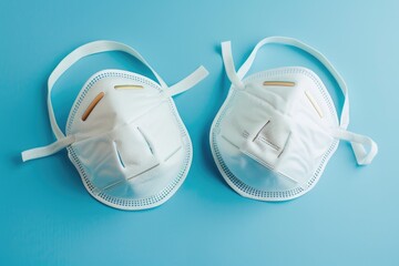 Sticker - Two white face masks lying on a blue surface, suitable for health and hygiene concepts