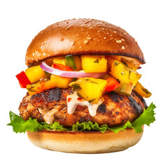 Wall Mural - Tasty  Jerk Chicken Burger isolated on white background
 