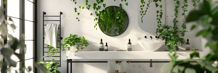 Wall Mural - Fresh and Serene Black and White Bathroom Interior with Green Plants, Metal Rack and Mirror