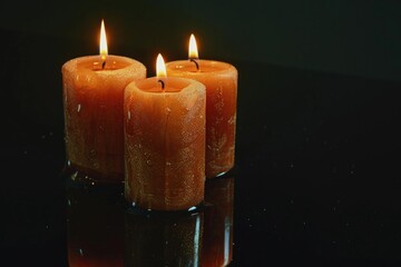 Wall Mural - Three lit candles on a black surface, perfect for adding warmth and ambiance to any space