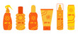 © ARAZAIL - Sunscreen cosmetic set. Different SPF sunblock summer cosmetic: lotion, spray, cream. Anti UV protection, solar skincare products, healthy sunbathing concept.