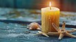 A peaceful image of a lit candle on a wooden table. Suitable for various cozy and relaxing themes