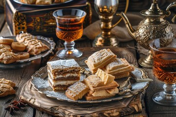 Wall Mural - A table with plates of food and a glass of tea, suitable for various dining concepts