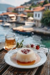 Wall Mural - A white plate topped with a dessert next to a cup of tea. Perfect for food and beverage concepts