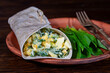 Homemade burrito wraps with boiled eggs, potato, green wild garlic and sour cream for healthy breakfast on plate, closeup