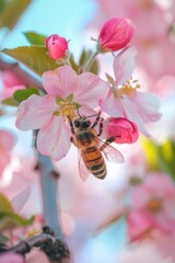 Poster - A bee sitting on a colorful flower. Perfect for nature and garden themes