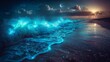 A surreal image of bioluminescent waves crashing onto a dark beach, the blue and green glow intensifying the natural motion of the sea under a moonless sky