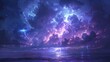 A vivid portrayal of the Catatumbo lightning, with continuous electric bursts illuminating the night sky over a lake, set in a palette of deep blues and purples