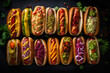 Hot Dogs With Different Spicy Toppings From Top View On Dark Background - Generative AI