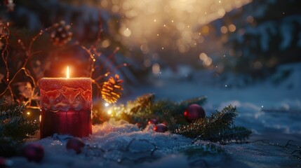 Poster - A lit candle on snowy ground. Suitable for winter and holiday themes