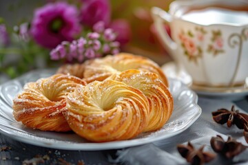 Wall Mural - A plate of pastries on a table with a cup of coffee. Ideal for food and beverage concepts