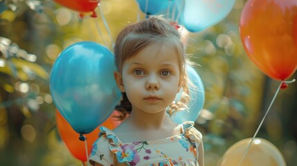 Wall Mural - Adorable little girl standing with a bunch of colorful balloons. Suitable for birthday parties and celebrations