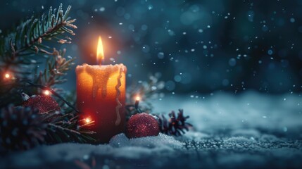 Canvas Print - A lit candle sitting on top of snow. Suitable for winter themes