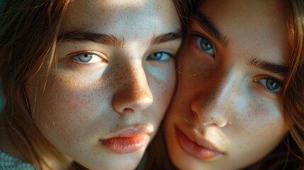 Poster - Two young women with freckles on their faces. Suitable for beauty and skincare concepts