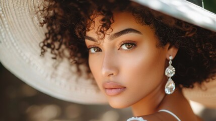 Elegant bride wearing a white summer hat, showcasing wedding makeup and a curly hairstyle. The fashion model's face is captured in a portrait, highlighting crystal earring jewelry.