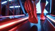 Watch as an athlete runs on a treadmill. The close-up shows their shoes pounding the belt.