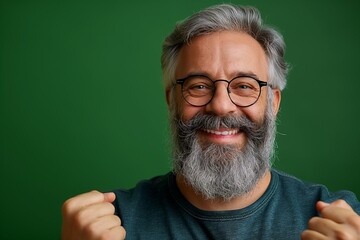 Canvas Print - Cheerful bearded man with glasses and a grey shirt, smiling and clenching his fists in excitement