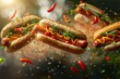 Fresh hotdogs or sausage sandwiches with flying ingredients and spices in mid-air