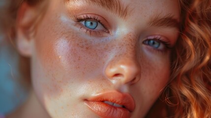 Poster - Close up portrait of a woman with freckles. Suitable for beauty and skincare concepts