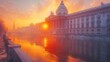 Stunning sunset casting a warm glow over the Austrian Parliament Building, highlighted by the tranquil river and historical architecture.