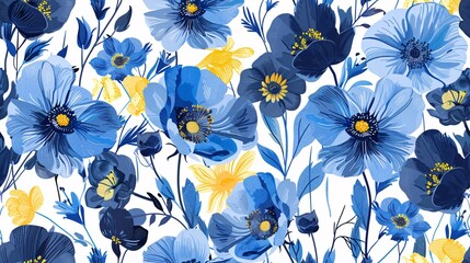 Blue floral design with blooming garden flowers perfect for summer and spring.