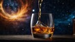 © Konrad - Photo of a glass of whiskey in motion, background referring to outer space