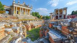 Fototapeta Uliczki - Stunning view of the ancient Roman theatre of Philippopolis set against a modern neoclassical building in Plovdiv, Bulgaria, showcasing historical architecture and cultural heritage.