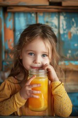 Wall Mural - A little girl holding a jar of orange juice. Perfect for food and beverage concepts