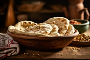 A bowl of flatbread with a wooden bowl and a wooden spoon.