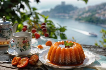 Wall Mural - A delicious dessert served with a cup of tea. Perfect for cafe menus