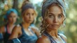 © AS Photo Family - Three women of varying ages, dressed in sportswear, train together outdoors surrounded by lush greenery. The focus is on unity and fitness across generations.