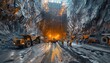 © ЮРИЙ ПОЗДНИКОВ - Trucks on asphalt road in freezing tunnel through mine landscape