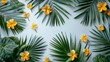 A mix of green palm fronds and tiny yellow tropical flowers arranged on a crisp white canvas, offering a fresh, airy feel with substantial negative space