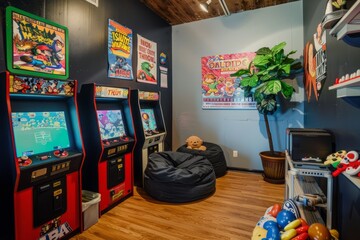 Wall Mural - A cozy arcade corner with retro consoles, bean bag chairs, and posters of beloved video game characters, Generative AI