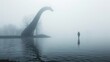 A serene yet eerie image capturing the infamous Loch Ness Monster sculpture and a solitary figure amidst the dense fog and reflective water
