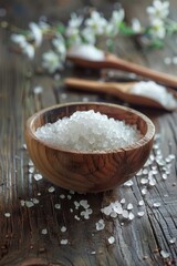 Canvas Print - A wooden bowl filled with sea salt on a table. Ideal for cooking or spa concepts