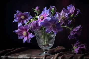 Wall Mural - A vase of purple flowers sits on a table with a purple cloth.