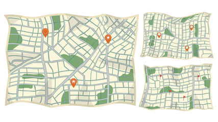 Wall Mural - Set pf paper map with red points. Local street gps navigate. City route navigation to marker. Geography distance plan. Vector illustration on white background