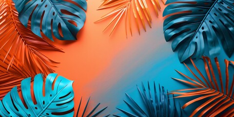 Wall Mural - Vibrant tropical background with painted exotic palm leaves. Minimal summer fashion theme. Lay-flat.