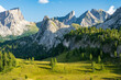 Summer view of the Dolomites Mountain in sunny day near Falzarego Pass with the forest of pine trees in Italy