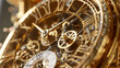 A golden mechanical clockwork mechanism with intricate gears and a clock face with Roman numerals.

