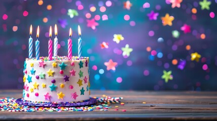 Wall Mural - A vibrant and festive birthday cake topped with bright candles and colorful stars on a wooden table.