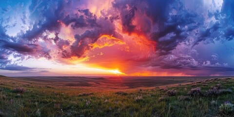 Poster - Scenic view of setting sun over a field of grass, perfect for nature backgrounds or landscapes