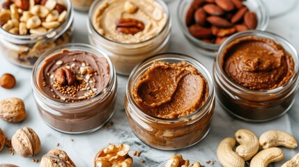Wall Mural - Variety of nuts in homemade nut butter packed in glass containers