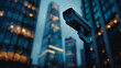 A CCTV camera set against a blurred city skyline at dusk, capturing the concept of urban surveillance. Generative AI