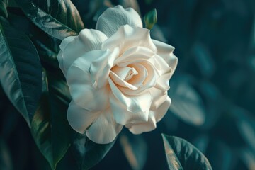 Wall Mural - Close up of a white flower with green leaves, suitable for botanical designs