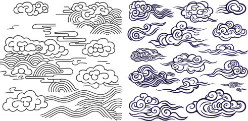 Wall Mural - Chinese line clouds. Asian line ornament of nature elements