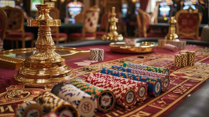 Wall Mural - Casino Concept background with dice, golden coins, cards, roulette and chips.